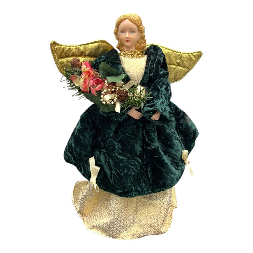 Vtg Angel Tree Topper Green Velvet Gold Wings Porcelain Head Christmas 12" EUC
